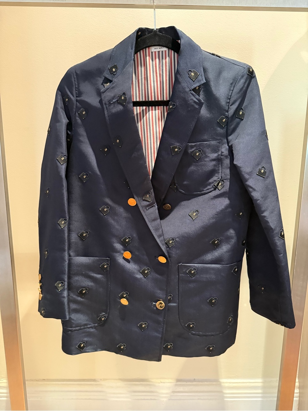 THOM BROWNE Navy Embroidered Double-Breasted Blazer with Gold Buttons